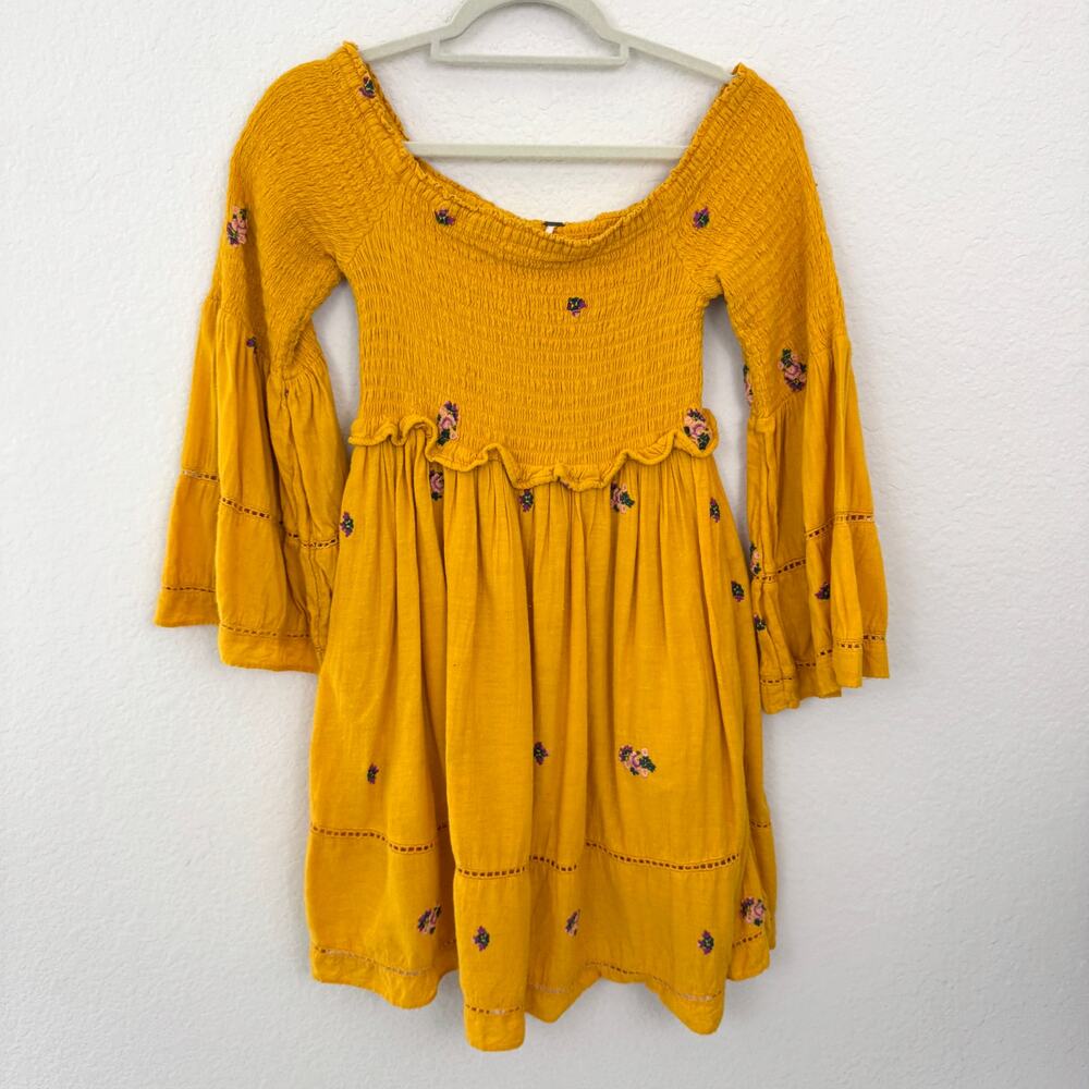 Free People Womens Counting Daisies Off Shoulder Mini Dress Size S Boho Yellow